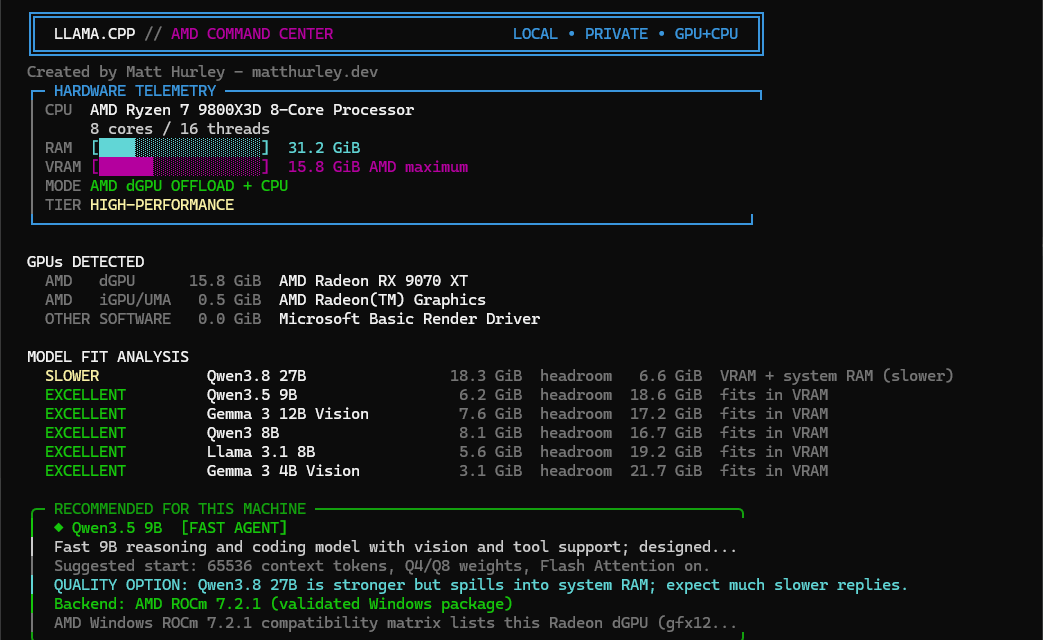 Hardware advisor: detected Ryzen 7 9800X3D, Radeon RX 9070 XT with 15.8 GiB VRAM, a model fit table, and Qwen3.5 9B recommended with 65536 context