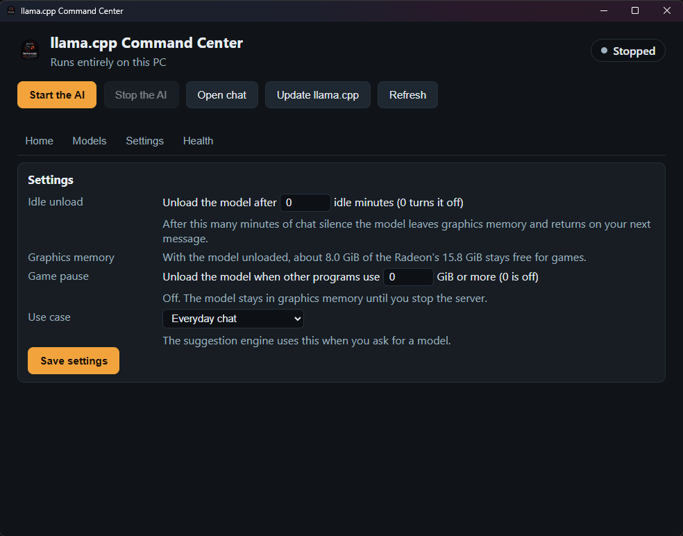The Settings tab with idle unload, graphics memory, the game-pause limit in GiB, use case and Save settings