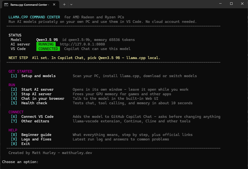 The text menu: status panel showing the Qwen3.5 9B model, the AI server running, and VS Code connected, followed by grouped menu options