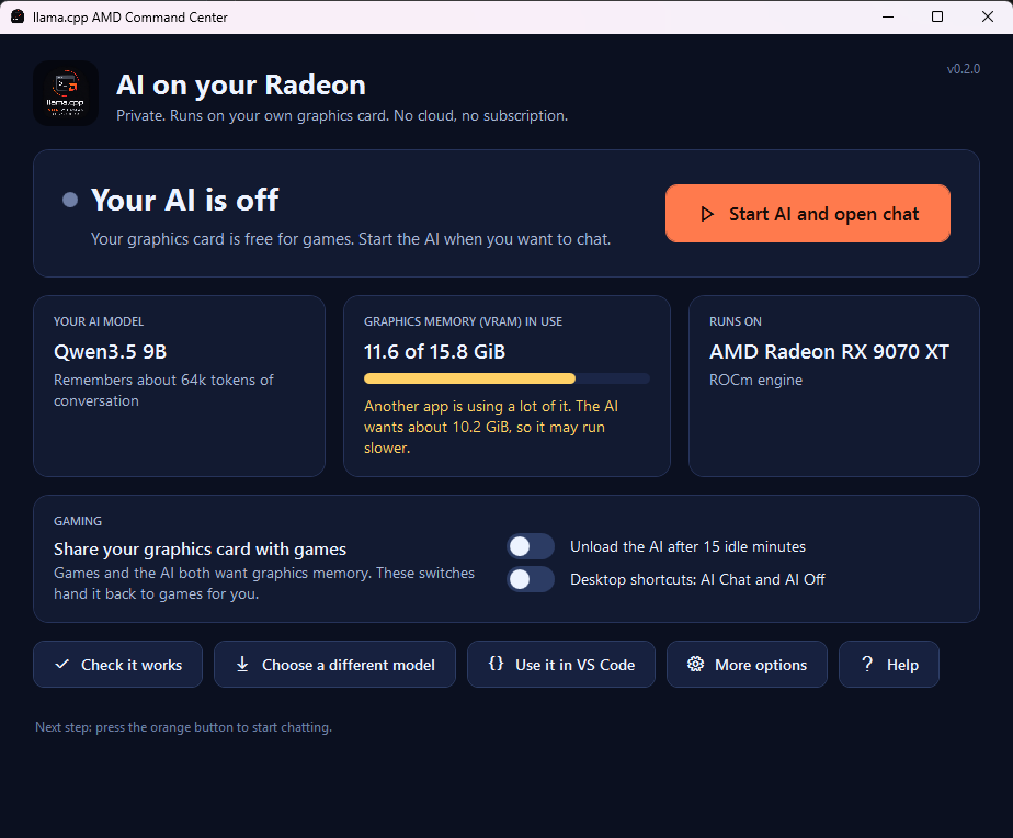 The command center window: Your AI is on, an Open chat button, the model, graphics memory use, the Radeon in use, and gaming switches
