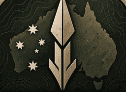 Southern Spear emblem: a spear head over a map of Australia marked with the Southern Cross, on topographic contour lines in a brass frame.
