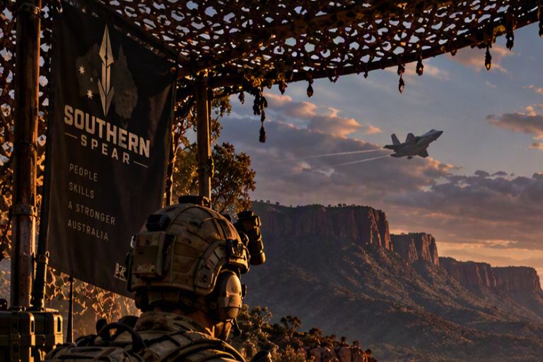 Title‑screen artwork detail: a soldier in camouflage overlooking a wide red-earth valley and a dry creek line at sunset.