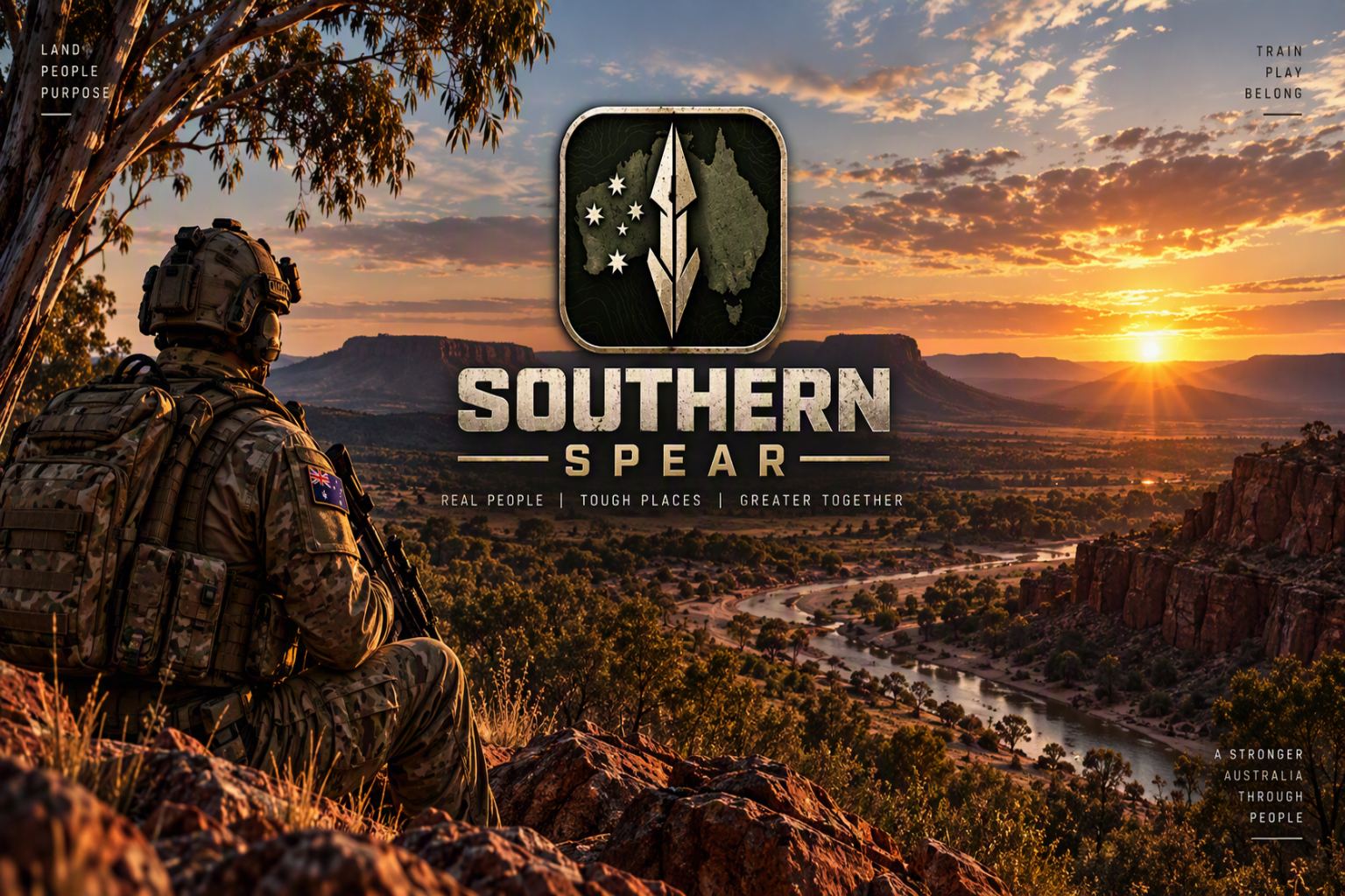 Loading screen concept: a soldier above a red-earth valley with the brass emblem and the words Southern Spear centred in the frame.