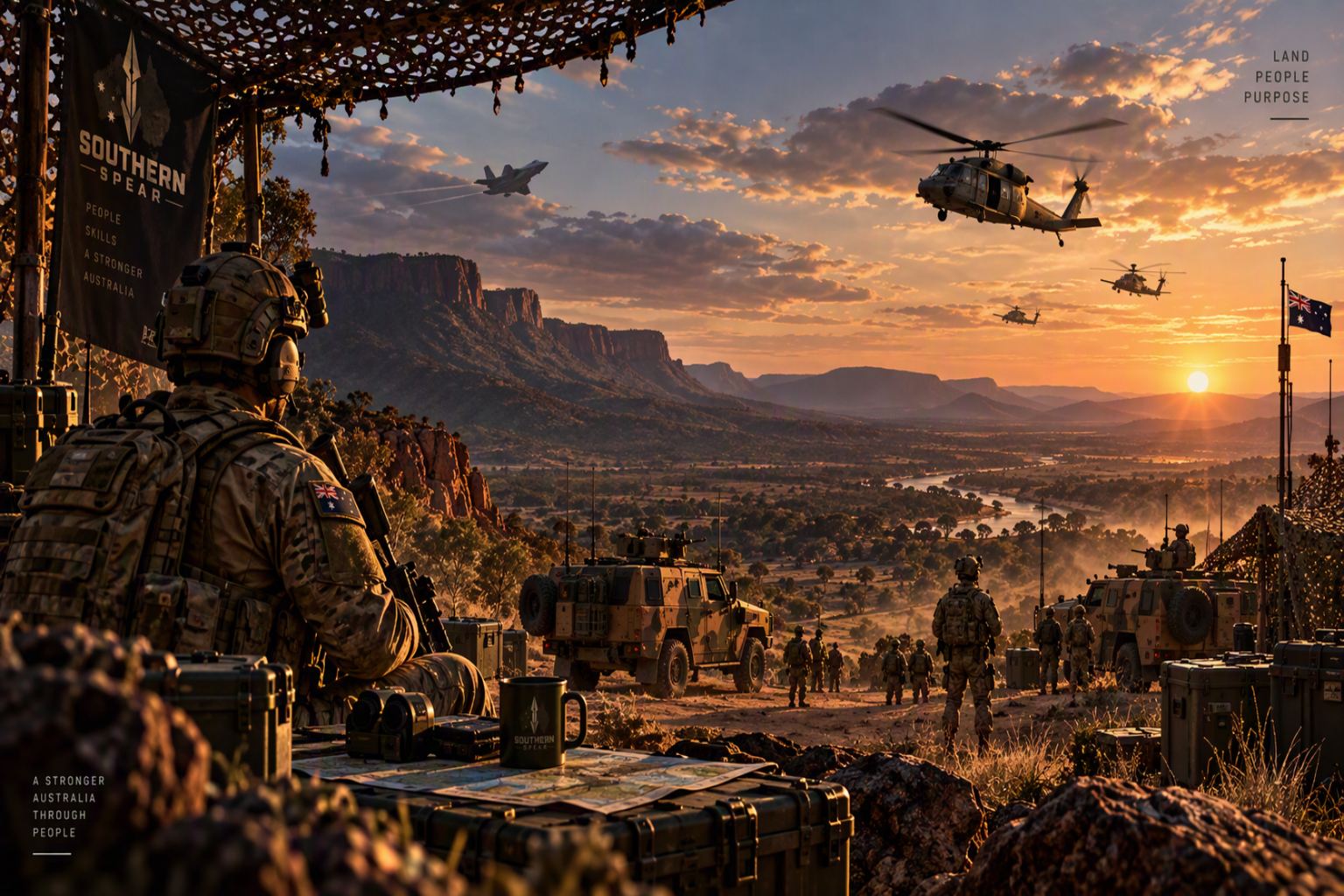 Southern Spear title-screen artwork: a soldier in camouflage stands on a rocky outcrop above a red-earth valley at sunset, with a brass emblem of Australia, the Southern Cross and a spear above the words Southern Spear.
