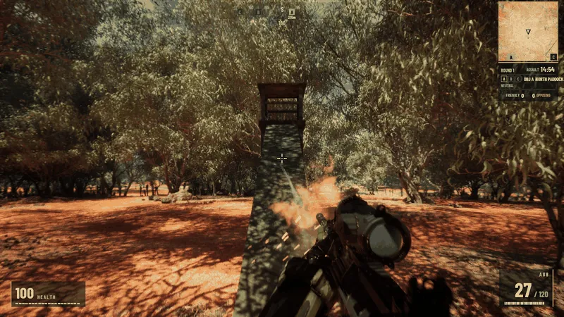 A short looping clip from first person: the A88 fires across a red-earth clearing, with muzzle flash and a tracer, and the ammunition count falling.