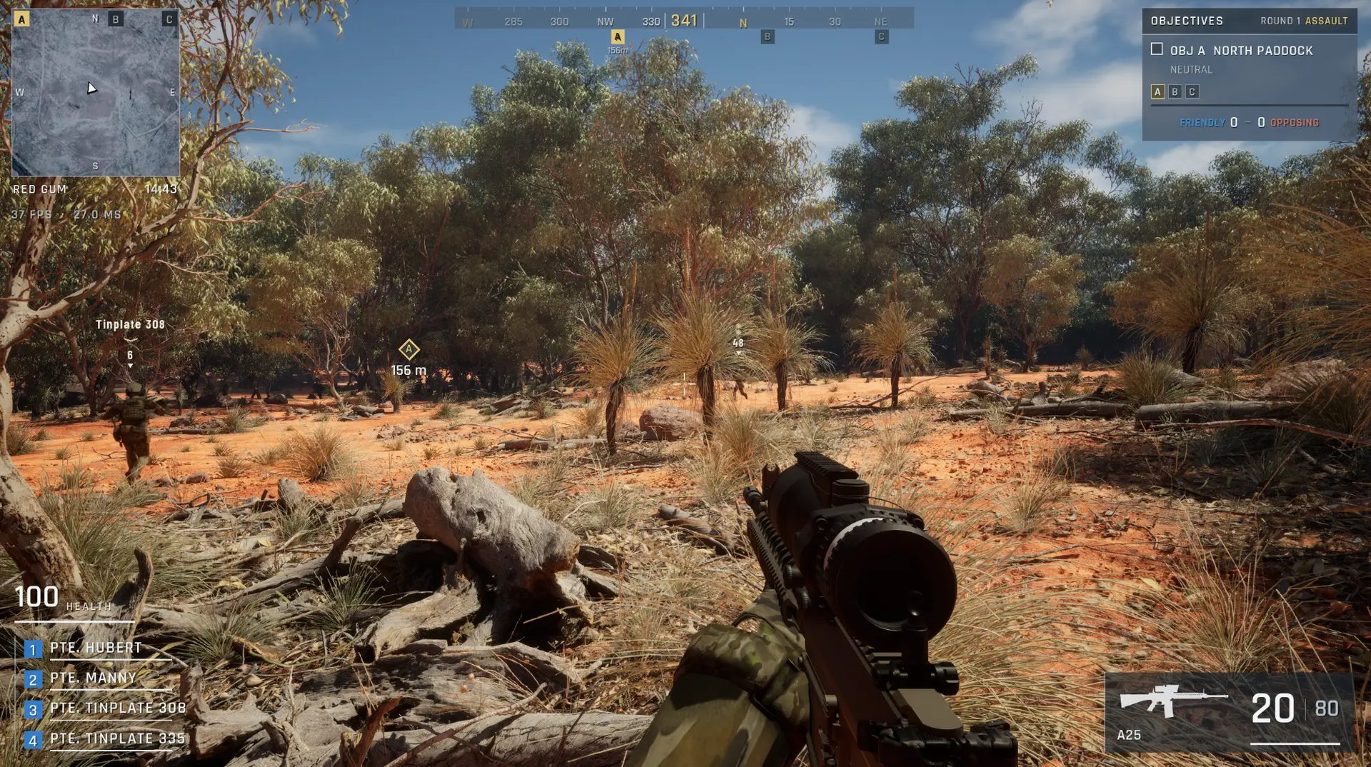 First-person view through gum trees and spinifex on the red earth of Red Gum, an A25 marksman rifle held two-handed at the bottom right and a teammate running ahead, with the compass, minimap, objectives panel, health, squad roster and A25 ammunition on screen.