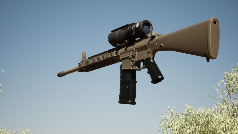 In-engine view of the A25: a long flat-dark-earth marksman rifle with a large optic and a black magazine.