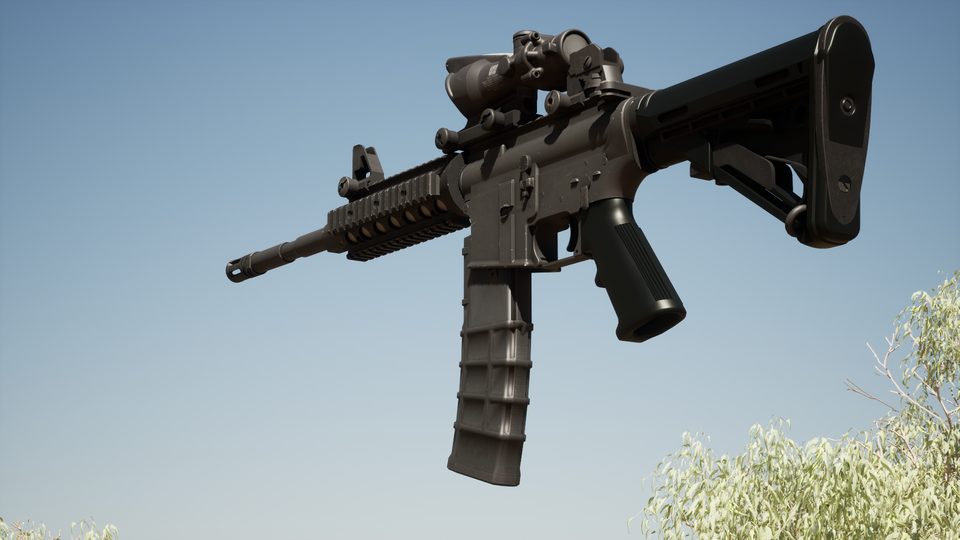 In-engine view of the A4: a black carbine with a rail handguard, combat optic and a 30-round magazine.