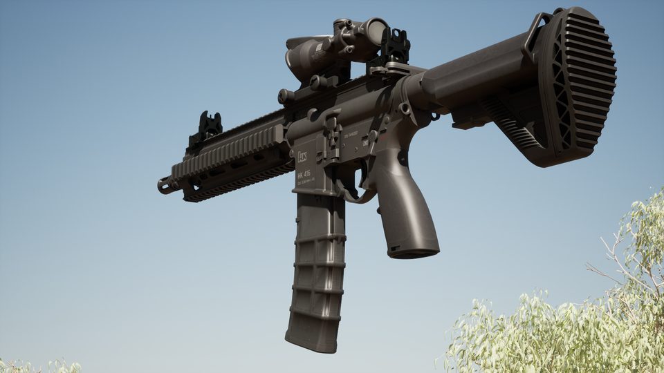 In-engine view of the A416: a rifle with a rail handguard, optic and a 30-round magazine.
