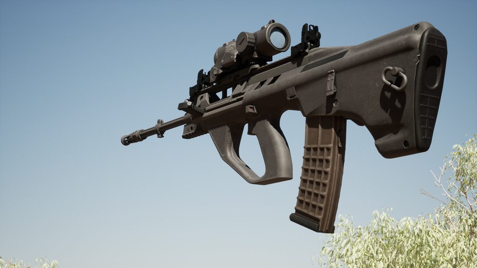In-engine view of the A88: a bullpup rifle with a magnified optic, folding iron sights and a tan magazine, against a blue sky.