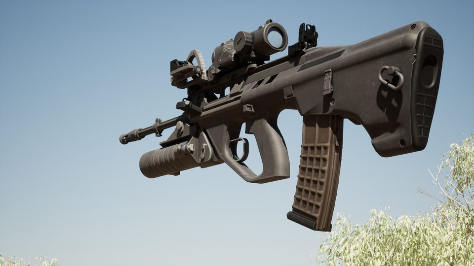 In-engine view of the A88G: the A88 bullpup rifle with an underbarrel grenade launcher, optic and iron sights.