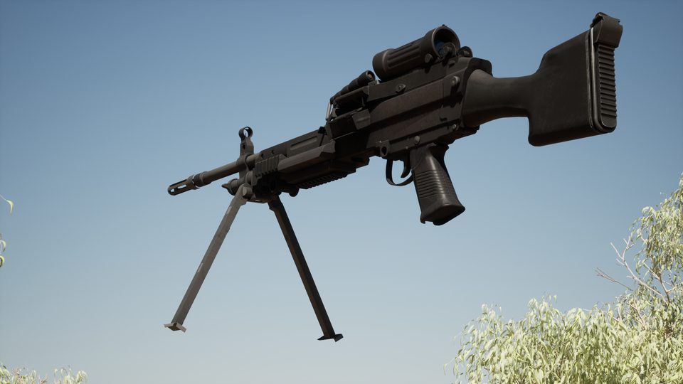 In-engine view of the A89: a light support weapon with a carry handle, bipod and belt box.